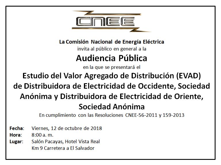 Convocatoria de audiencia pública para presentar Estudio de Valor Agregado de Distribución (EVAD) de DEOCSA y DEORSA
