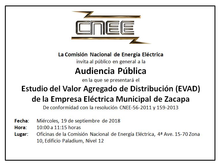 Convocatoria de audiencia pública para EVAD de Empresa Eléctrica Municipal de Zacapa