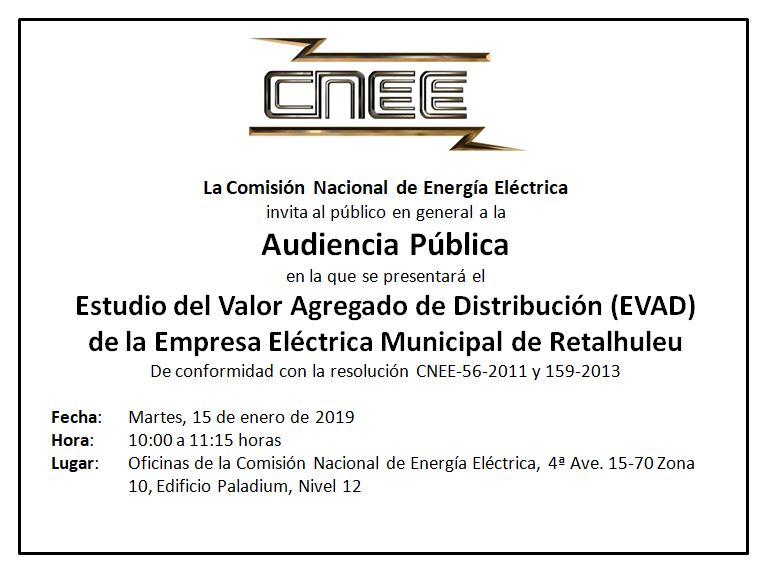 Convocatoria de audiencia pública para EVAD de Empresa Eléctrica Municipal de Retalhuleu