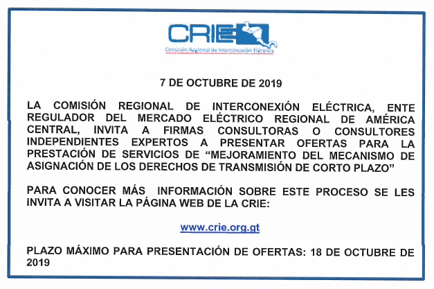 CRIE: Invitación a ofertar servicios de «Mejoramiento del Mecanismo de Asignación de los Derechos de Transmisión de Corto Plazo»