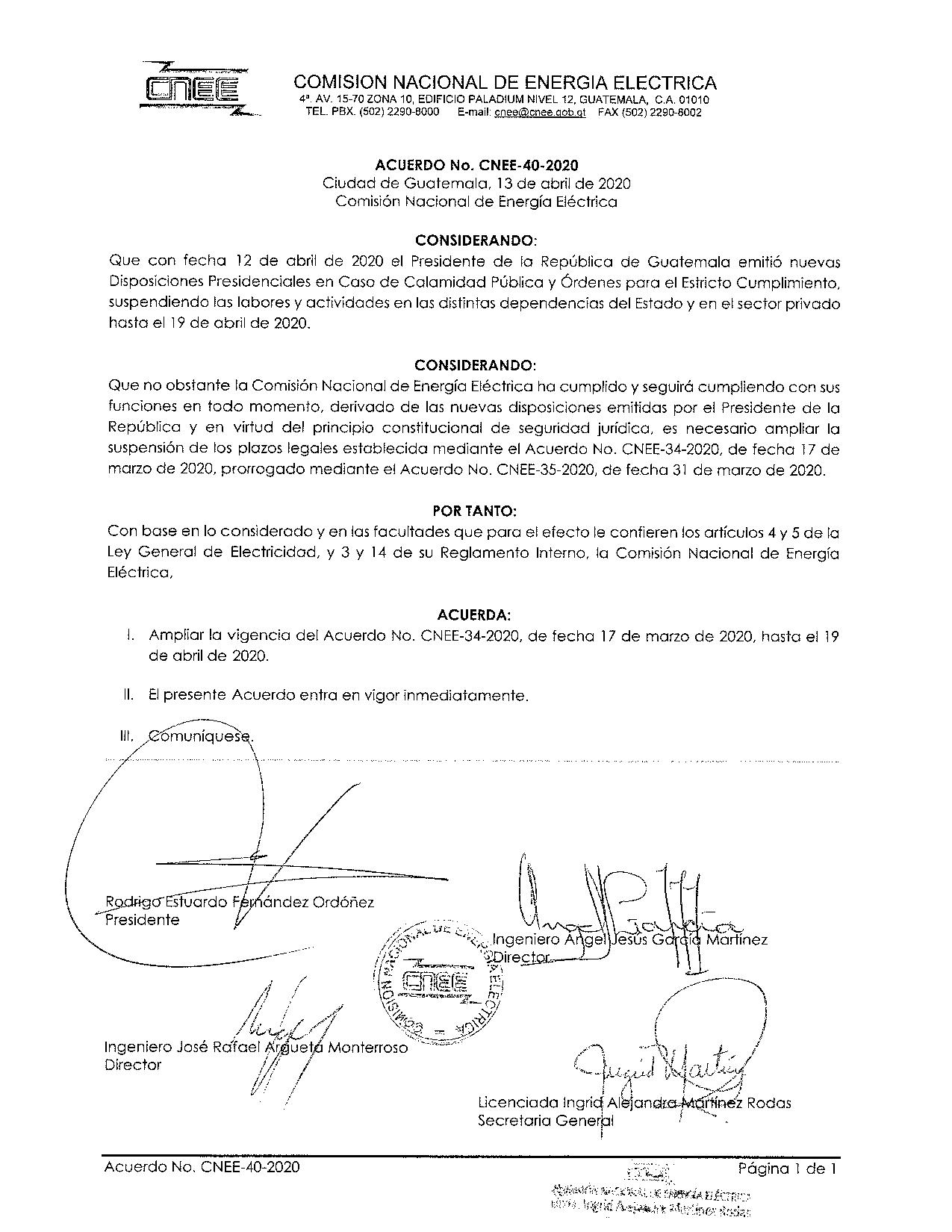 Acuerdo CNEE 40-2020: ampliación de la suspensión de plazos administrativos