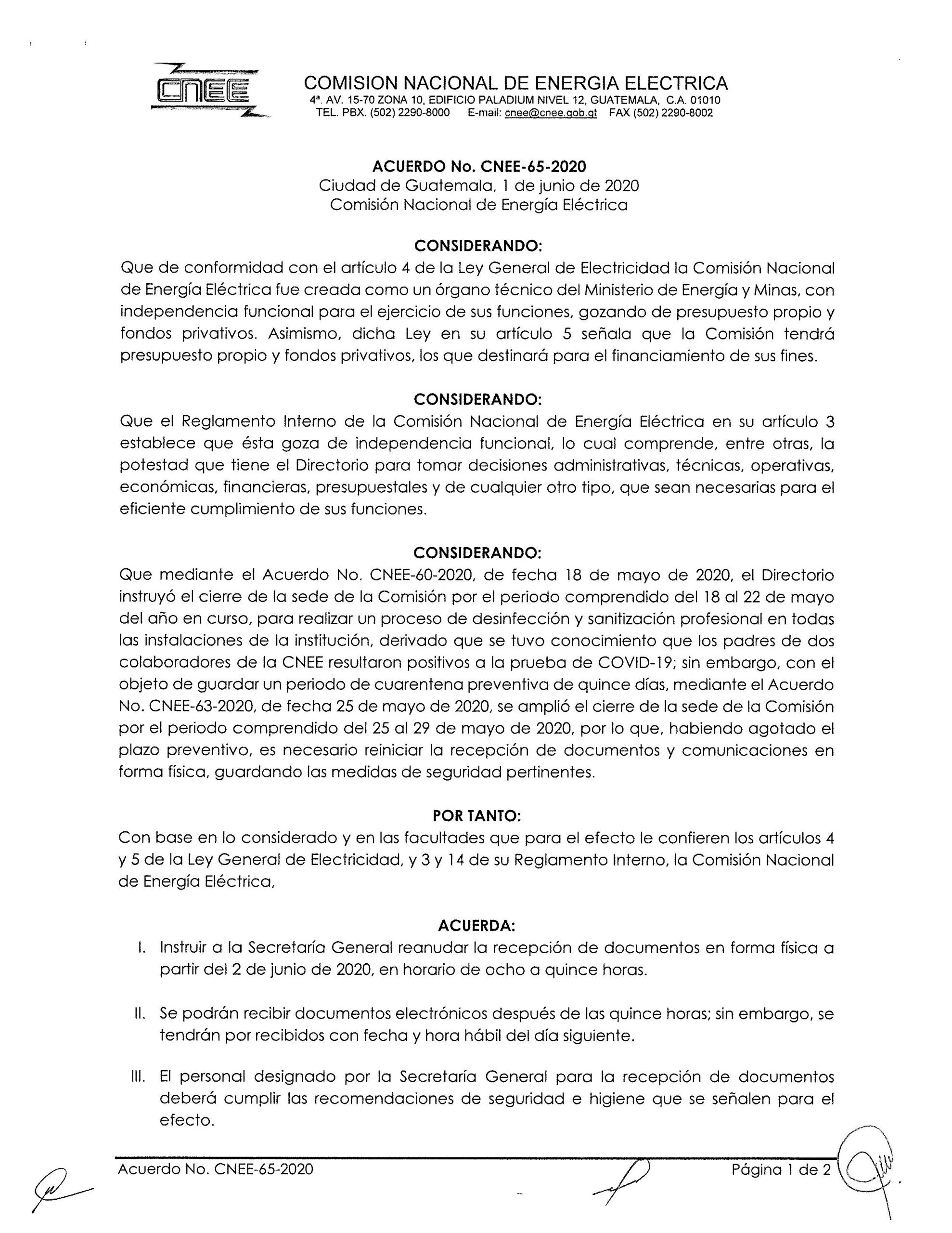 Acuerdo CNEE-65-2020, se reanuda la recepción de documentos físicos a partir del 02-06-2020