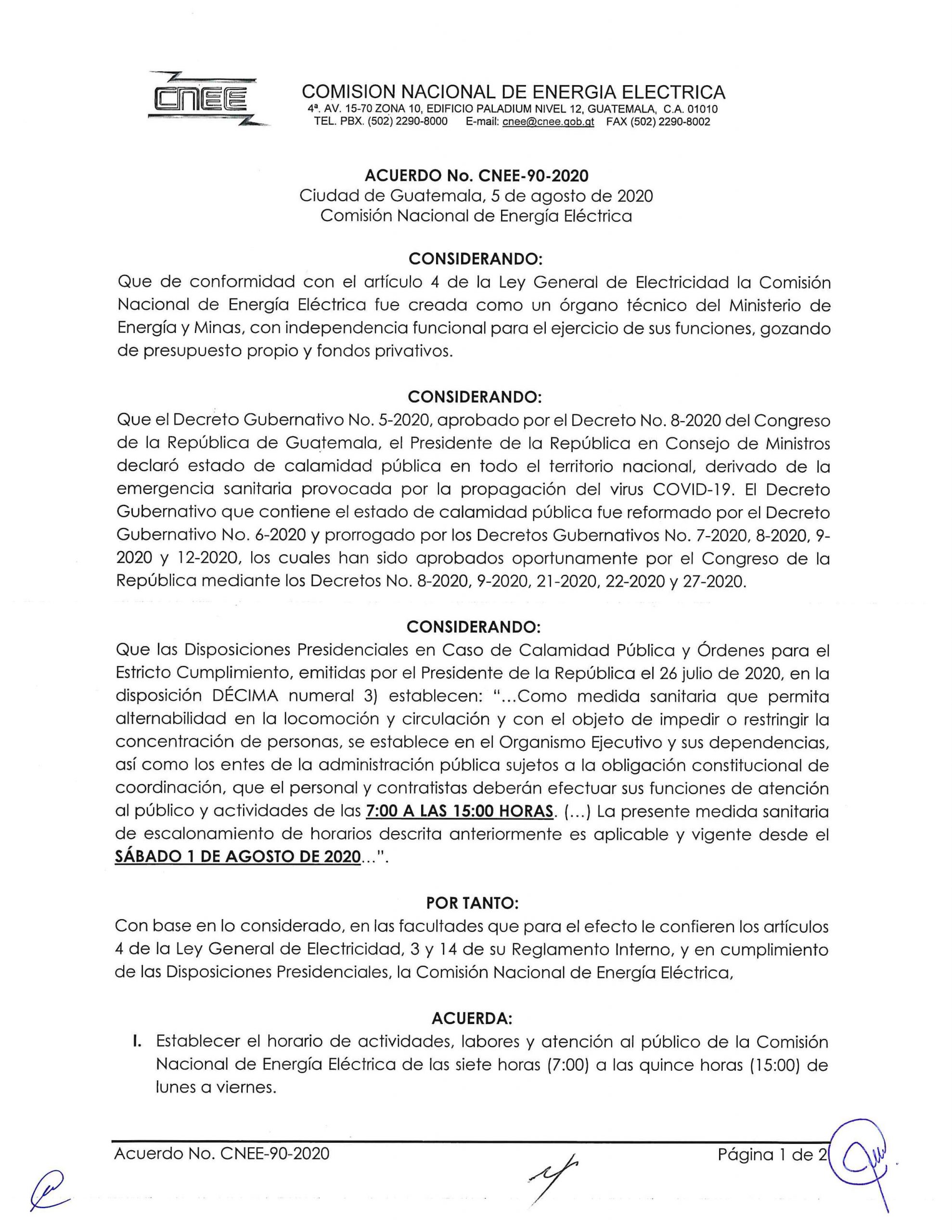 Acuerdo CNEE-90-2020, horario de trabajo